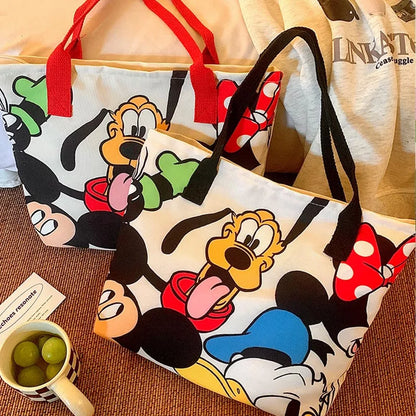 Cartoon Mickey Tote Bag Canvas Bag with Goofy Pattern Shoulder Bag Fashion Travel Large Capacity Canvas Bag Women Shopping Use