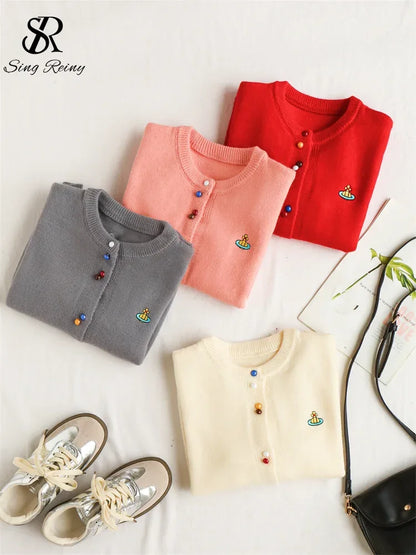 SINGREINY Knitted Solid Soft Sweater Cardigan Ladies O-Neck Full Sleeves Pearls Buttons Chic Design Autumn Casual Warm Pullover