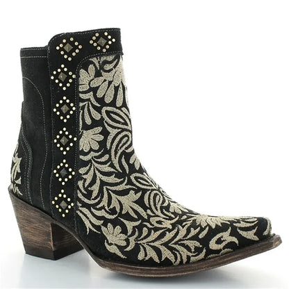 Autumn Winter Ladies Boots Casual Embroidery Zipper Ankle Boots Rivet Western Pointed Toe Low-heel Warm Boots For Ladies Shoes
