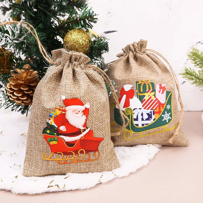 1/30PCS Christmas Linen Drawstring Bags Candy Biscuits Pouchs Burlap Bracelet Jewelry Storage Bags Xmas Kids Gift Packaging Bags