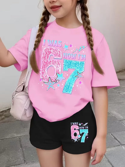 67 Six Seven Girls Clothes Cute Bows Flowers Print Girls Short Sleeve T-Shirt + Pants Set Casual Fashion Children's Clothes Tops