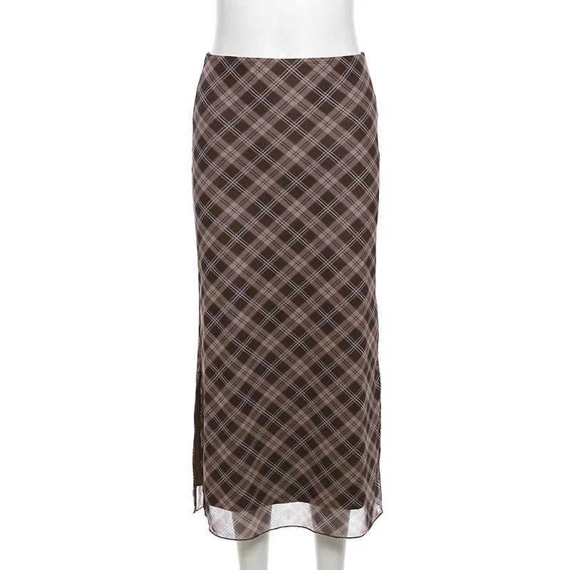 Women Spring Autumn Plaid Print Wrap Hips Skirts Fashion Ankle-Length Sexy Slim Pencil Skirts Preppy Style Girls Slit Midiskirt