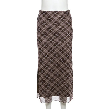Women Spring Autumn Plaid Print Wrap Hips Skirts Fashion Ankle-Length Sexy Slim Pencil Skirts Preppy Style Girls Slit Midiskirt