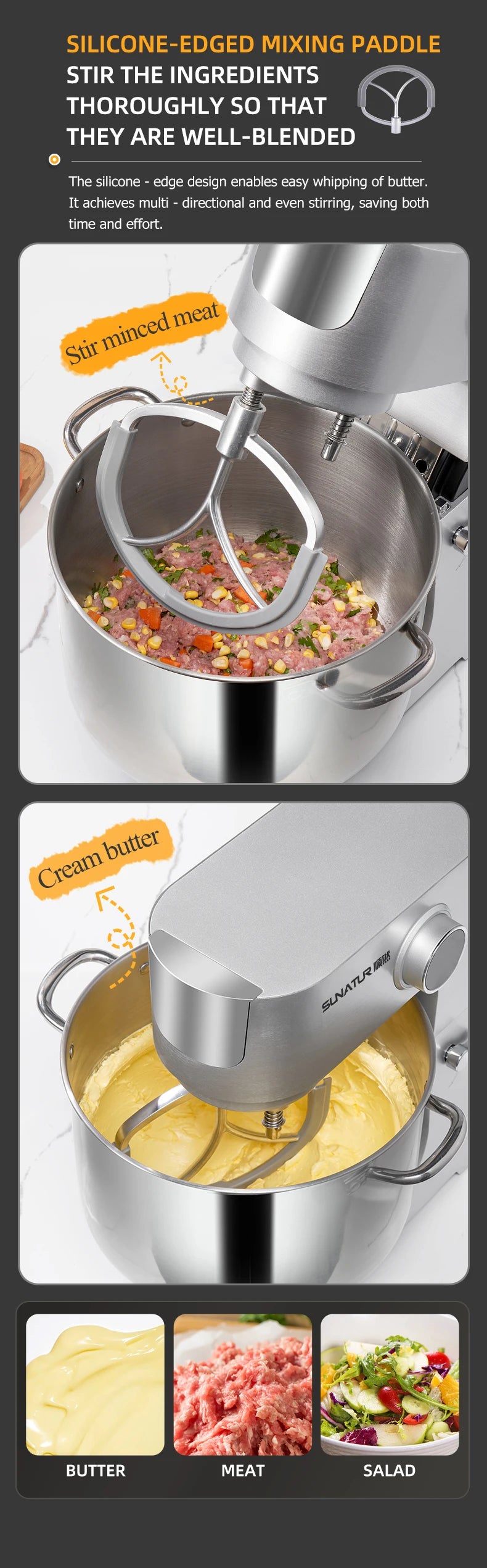 SUNATUR 16L Stand Mixer 2200w electric kitchen blender Commercial Food processor Large capacity Two kneading hooks dough mixer