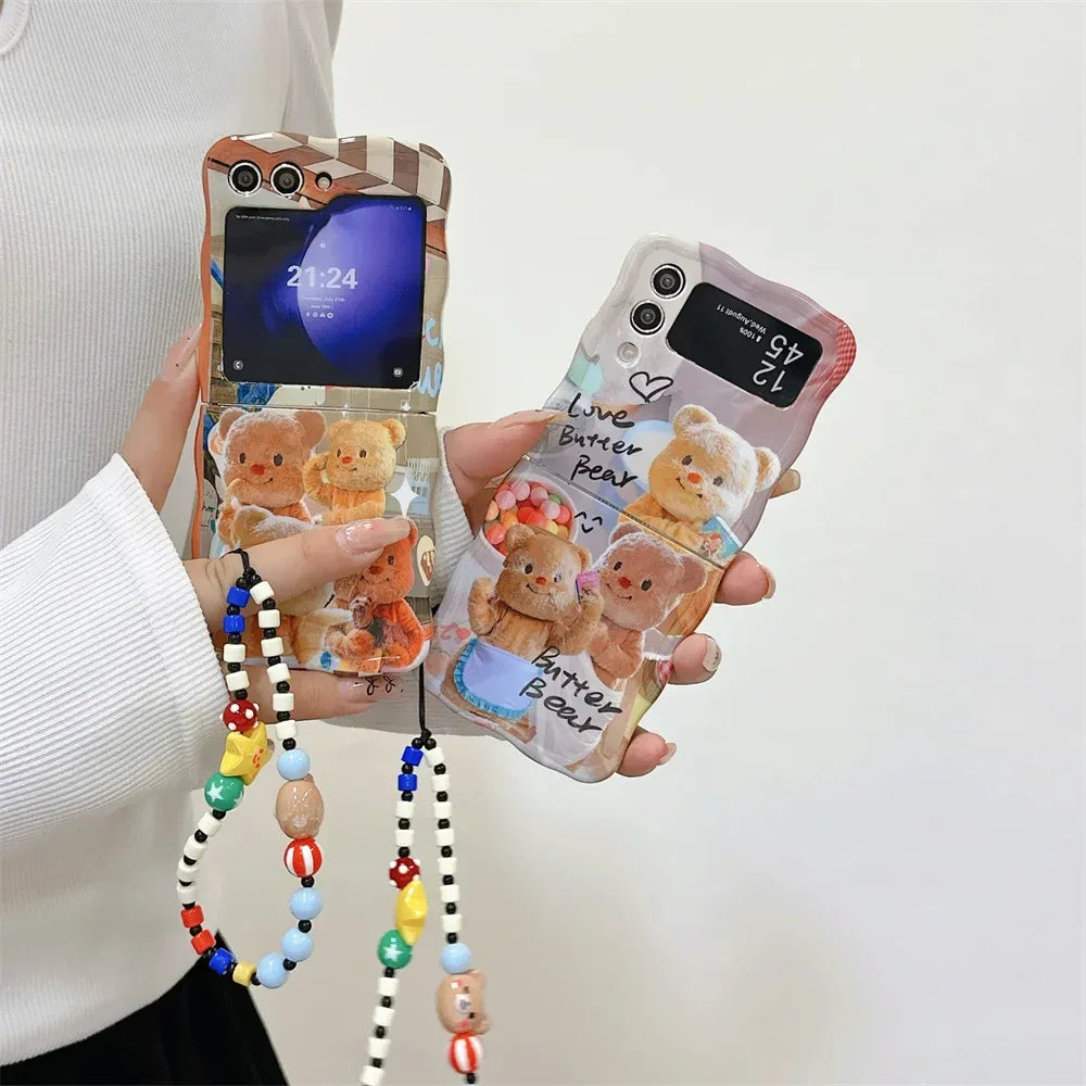 Cartoon Cute Bear Wave Border Phone Case for Samsung Galaxy Z Flip 5 4 3 Zflip5 Flip3 ZFlip4 Star Bracelet Shockproof Lens Cover