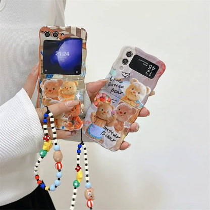 Cartoon Cute Bear Wave Border Phone Case for Samsung Galaxy Z Flip 5 4 3 Zflip5 Flip3 ZFlip4 Star Bracelet Shockproof Lens Cover