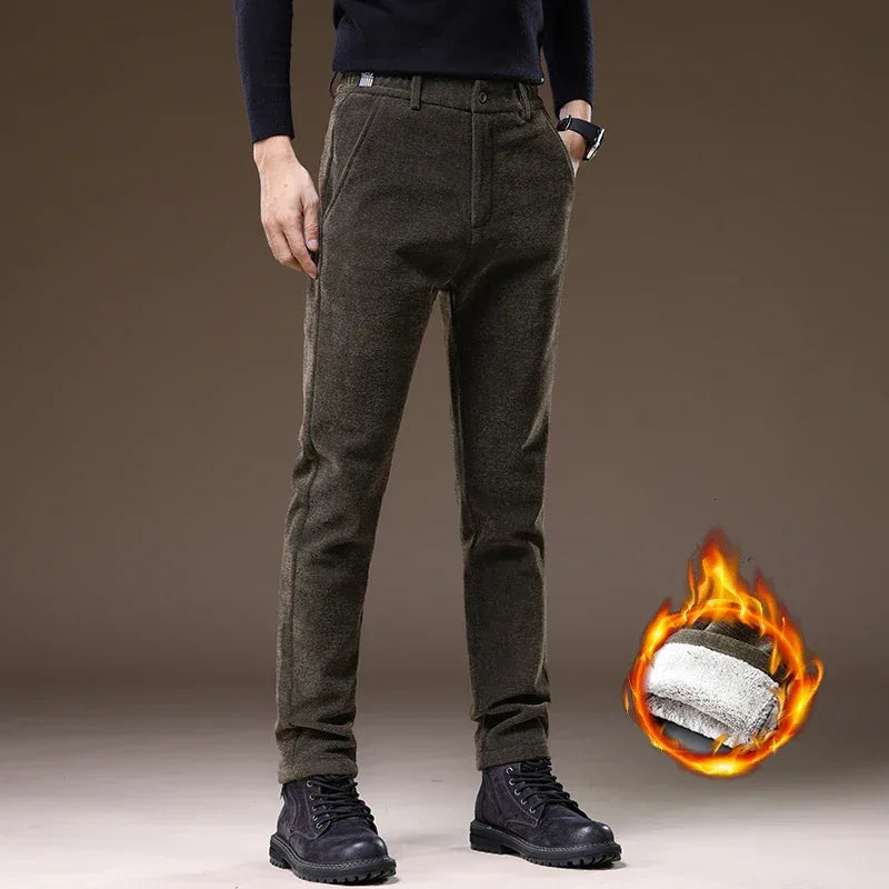 Casual Pants Men Winter New Fleece Business Elastic Waist Slim Korean Warm Thick Brushed Plush Trousers Male 28-38