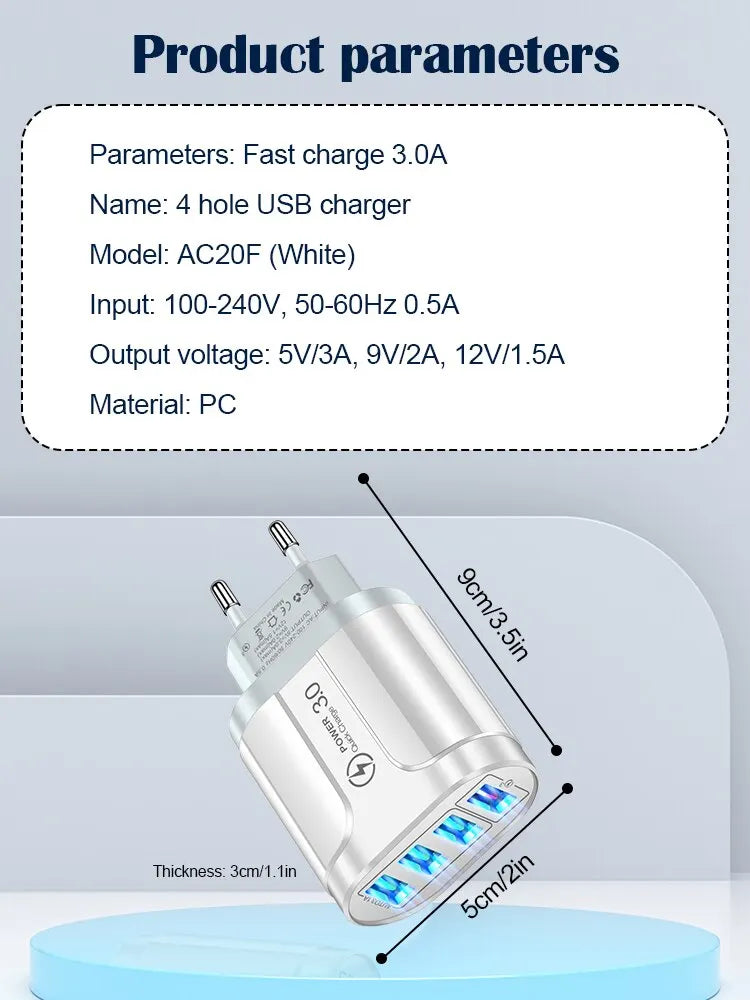 48W Fast Wall Chargers EU/US Plug 4 Port USB Charger Quick Charge 3.0 Mobile Phone Charger For iPhone Samsung Xiaomi Huawei POCO