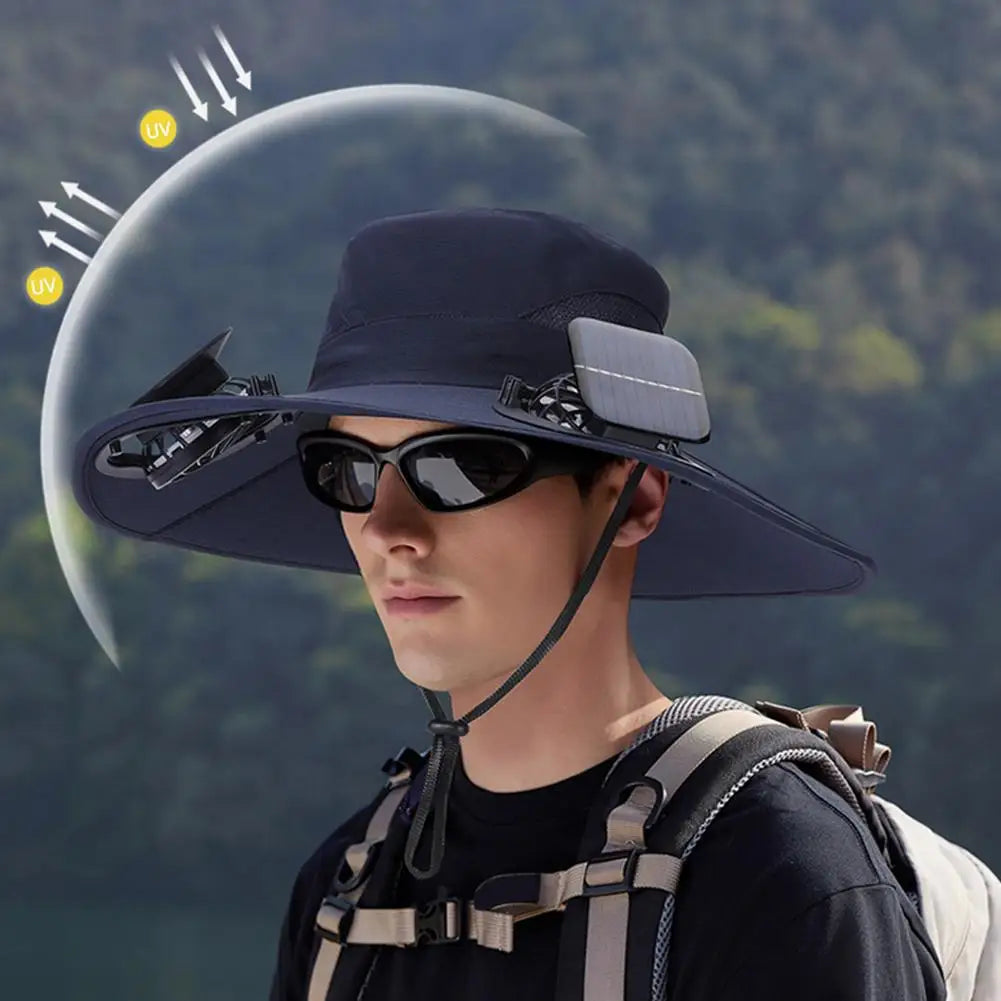 Solar Fan Hat for Men Women, Wide Brim Sun Protection Hat with Dual Solar Fans, 2-in-1 Hands-Free Cooling Cap for Hiking & Work