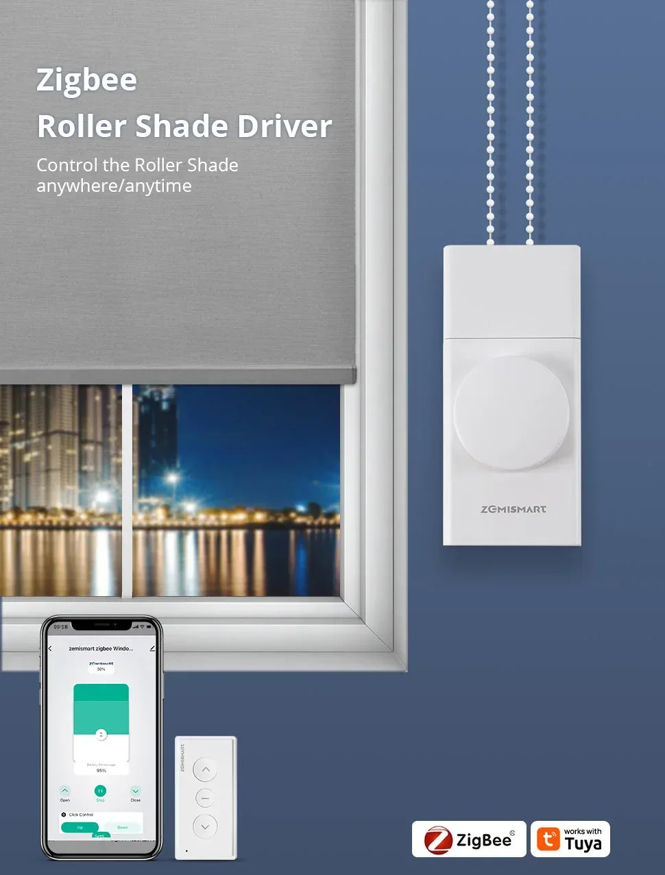 Zemismart Zigbee Smart Roller Shade Driver Built in Battery with Knob Control Speed Work with Tuya App Alexa Google Home Voice
