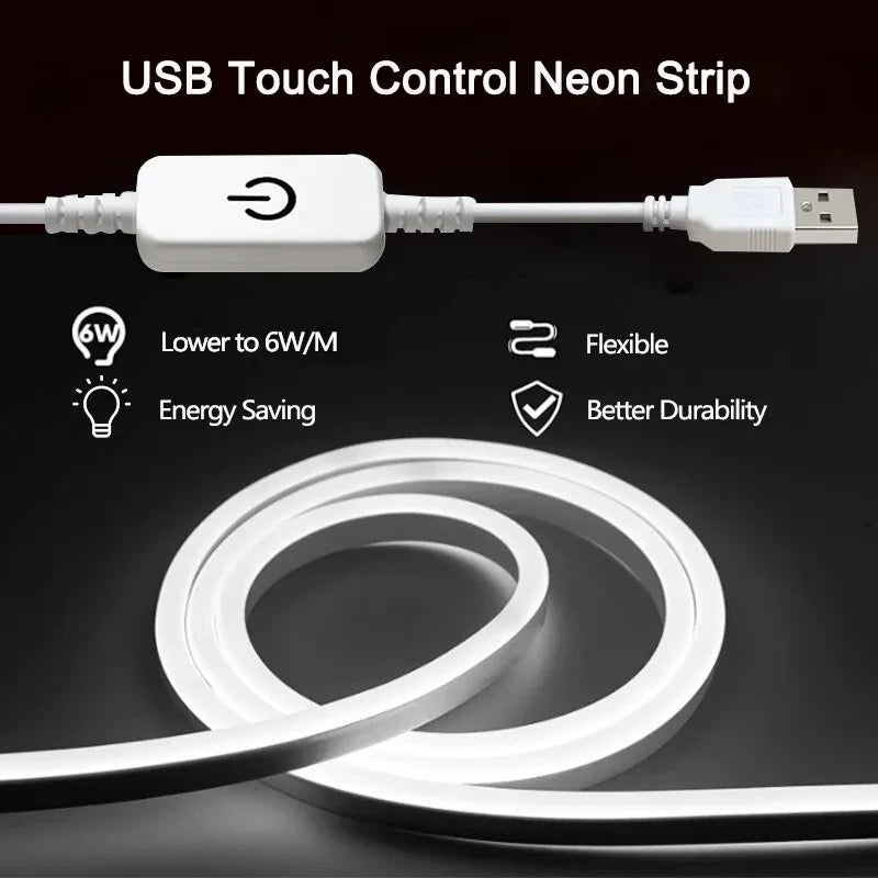 USB 5V Neon LED Strip Light Smart Touch Sensor Dimmable Neon Sign Light Tape Waterproof Flexible Lighting Lamp For Room Decor