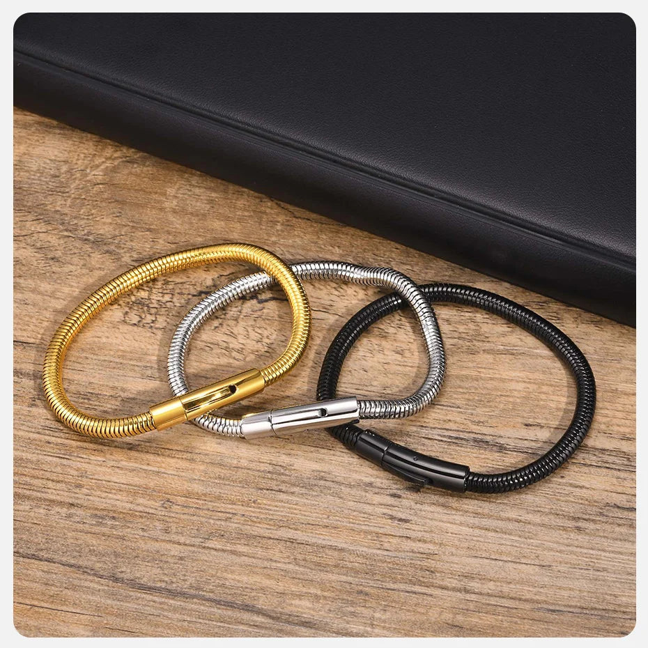 Vnox 5mm Round Snake Chain Bracelets for Men Women Black Silver Color Waterproof Cocoon Links Wristband Simple Cool Jewelry