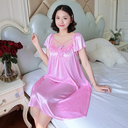 Women's Nightdress Loungewear Ladies Ice Silk Nightgowns Sleeping Dress Medium Length Short Sleeve Home Wear Pyjama Sleepwear