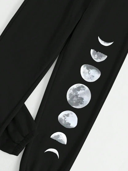 Different Forms Of The Moon Print Casual Versatile Women Pants Fashion Trendy Trousers With Drawstring Pockets Sweatpants Female