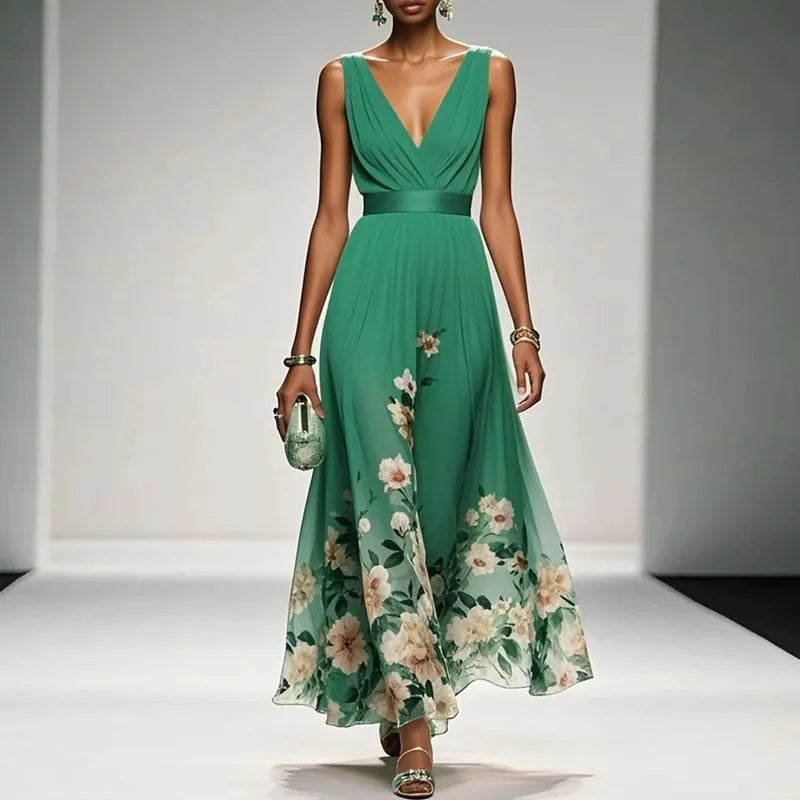 New Fashion Party Dresses Deep V Neck Floral Printing Ruffle Sleeveless A Line Beach Dress High Waisted Summer Sexy Womens Dress