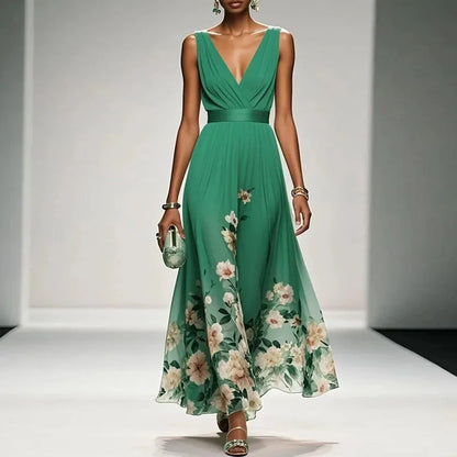 New Fashion Party Dresses Deep V Neck Floral Printing Ruffle Sleeveless A Line Beach Dress High Waisted Summer Sexy Womens Dress