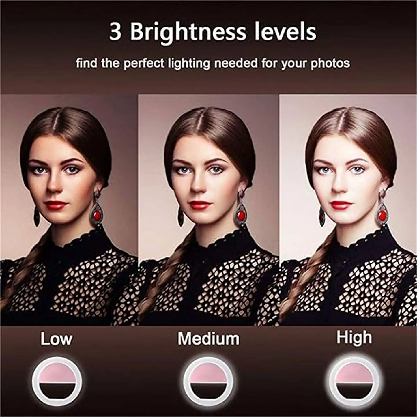Universal Clip-On LED Selfie Ring Light, Rechargeable and Portable with 3 Adjustable Brightness Levels for All Phones