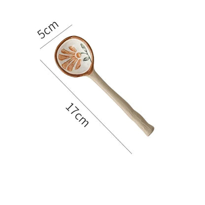 Cute Ceramic Flower Soup Spoon Kawaii Korean Ice Cream Hand Painted Dessert Spoon With Long Handle Kitchen Tableware Accessories
