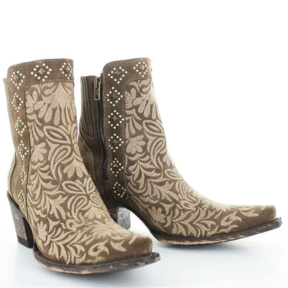 Autumn Winter Ladies Boots Casual Embroidery Zipper Ankle Boots Rivet Western Pointed Toe Low-heel Warm Boots For Ladies Shoes