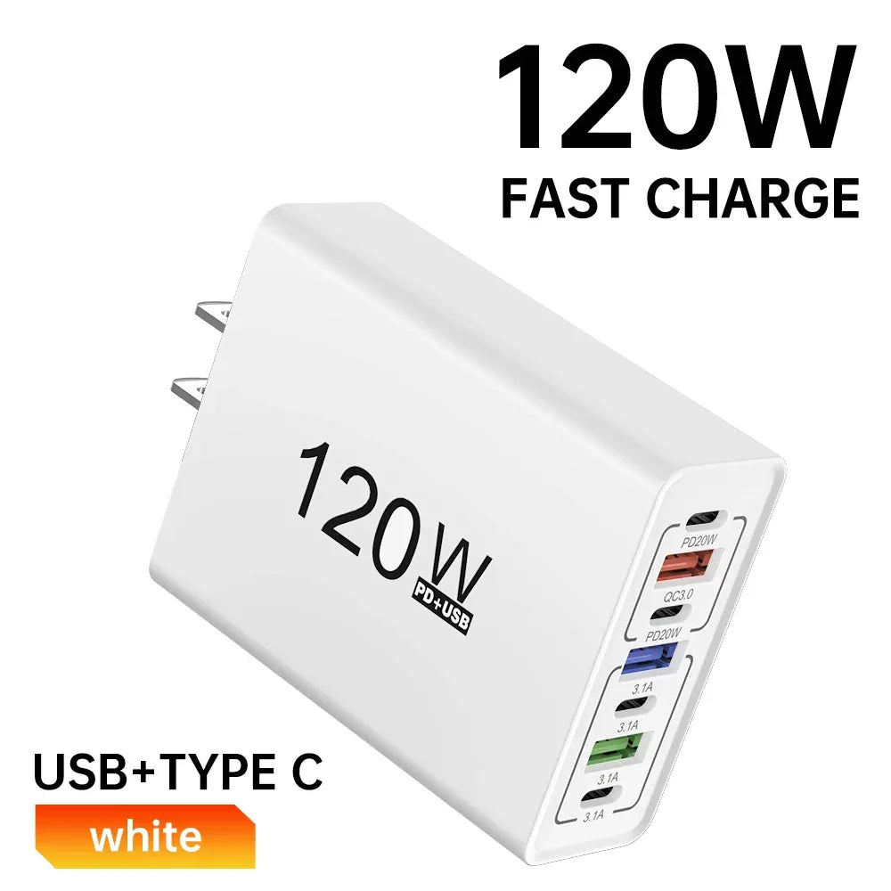 PD 120W USB Type C Fast Charging Mobile Phone Charger 7 Ports EU/US Plug Charger For iPhone Huawei Xiaomi Samsung Wall Charger