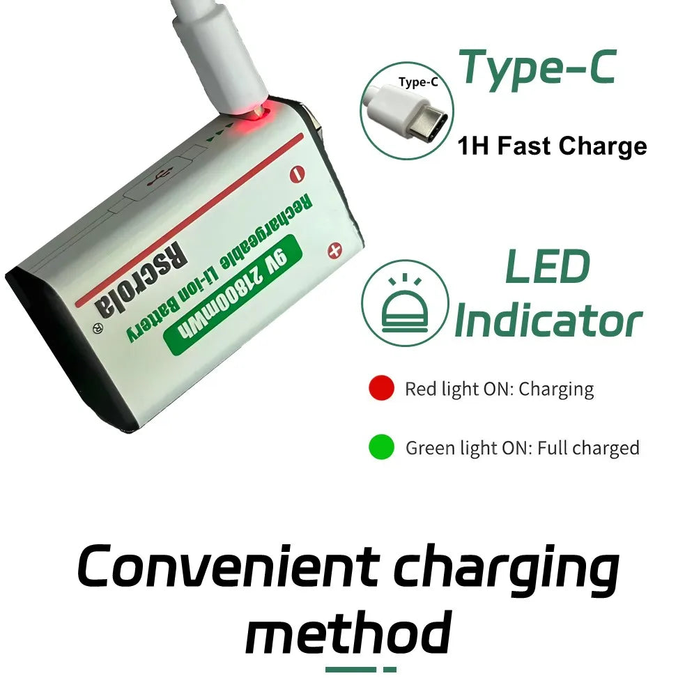 Rechargeable 9V Battery USB-C Charge,21800mWh Long-lasting 9V Li-Ion Battery with Free Cable,for Smoke Alarm,Camera,Clocks,Audio