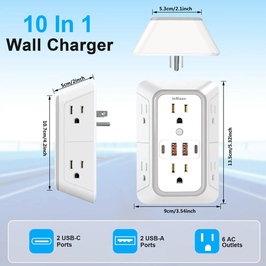 Multi Power Strip Wall Socket, US Plug with 6 AC Outlets 4 USB Ports(2 Type C), Power Expander Network Filter for Home Office