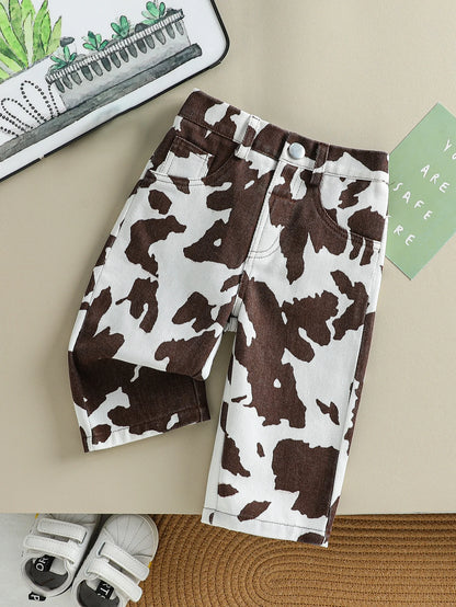 New Classic Black & White Cow Print Denim Pants with Button Waist & Pockets, Breathable & Comfortable for Baby Girls' Daily & Ca