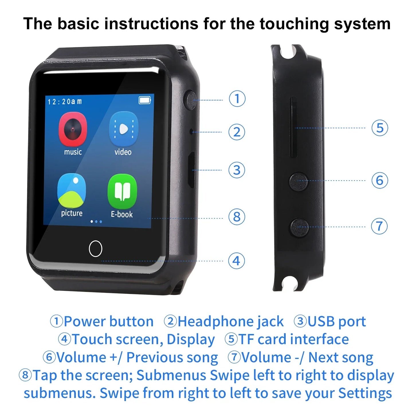 Metal Bluetooth watch MP3 music player HiFi audio quality Bluetooth 5.0 support TF card FM FM/e-book/pedometer wristband MP4