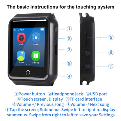 Metal Bluetooth watch MP3 music player HiFi audio quality Bluetooth 5.0 support TF card FM FM/e-book/pedometer wristband MP4