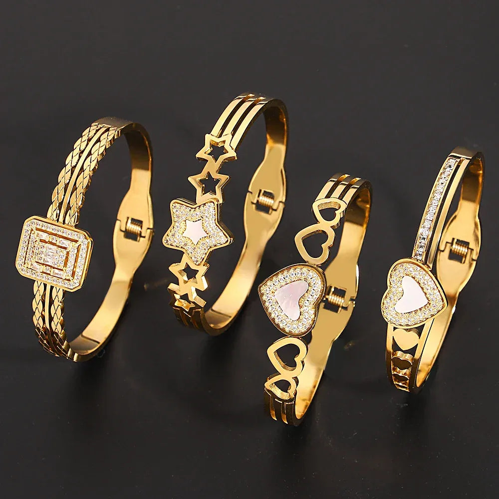 Elegant Rhinestones Bracelet with White Shell for Women Stainless Steel Golden Series Jewelry Fashion Valentine's Day Jewelry