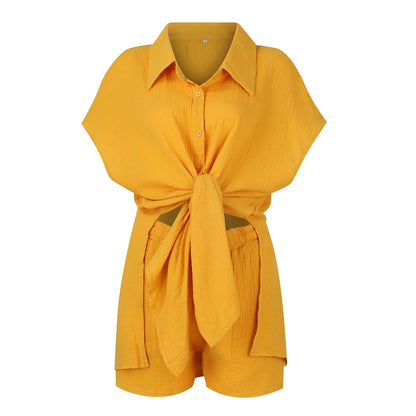Summer cotton and linen solid color shirt short sleeved casual shorts set
