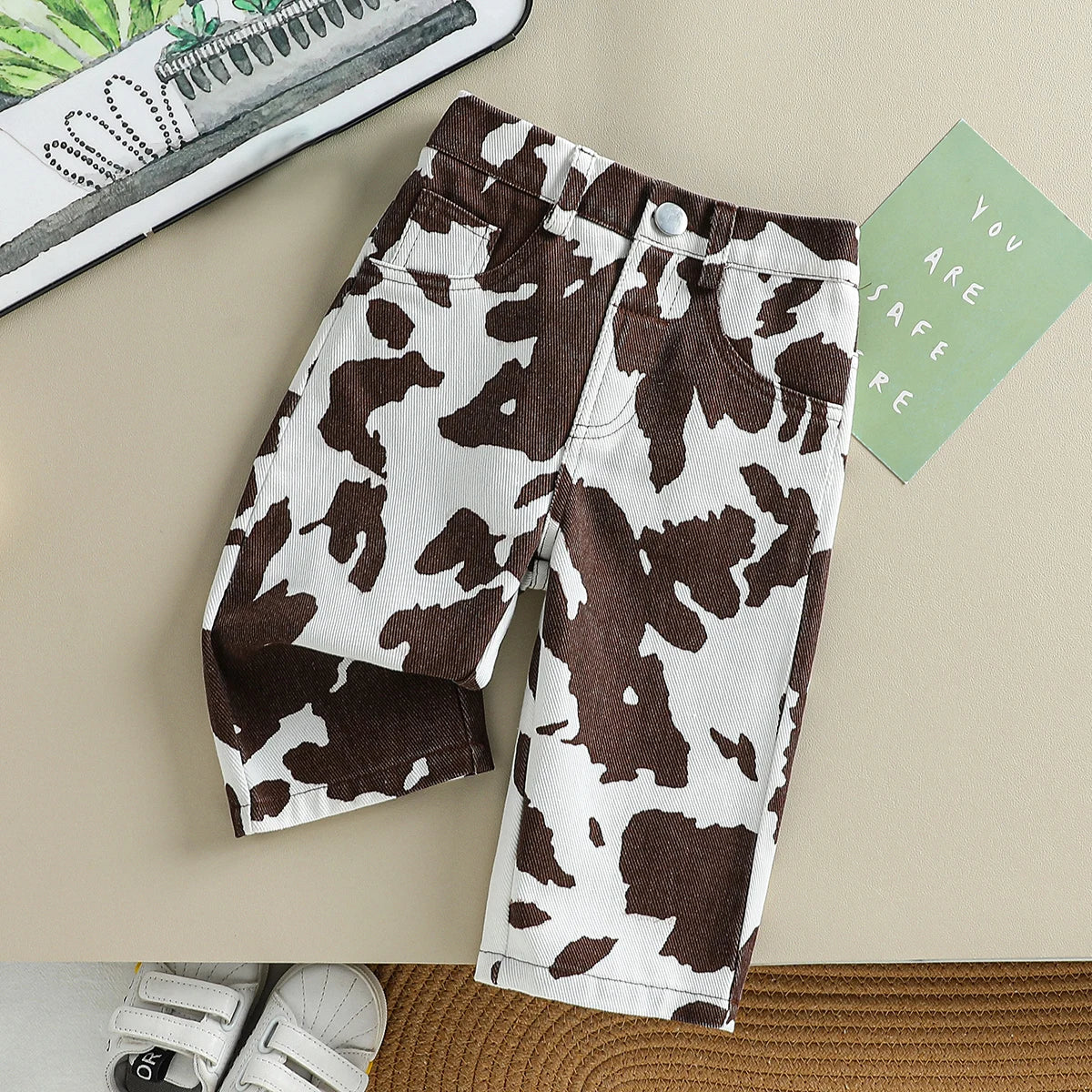 New Classic Black & White Cow Print Denim Pants with Button Waist & Pockets, Breathable & Comfortable for Baby Girls' Daily & Ca