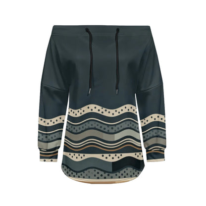 Trendy Off-Shoulder Sweatshirts with Striped & Polka Dot Patterns Drawstring Casual Loose-Fit Top for Women Casual Streetwear