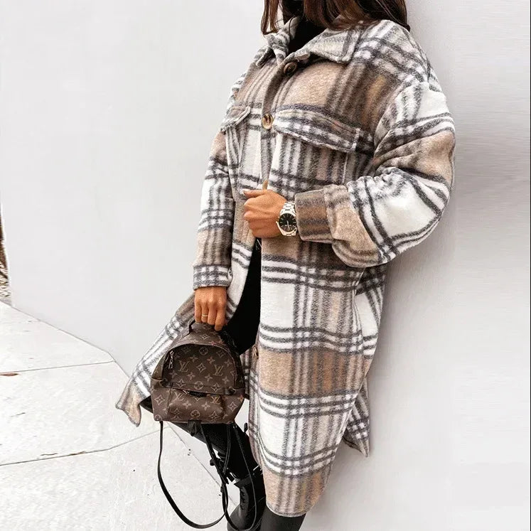 Single Breasted Trench Coat Fashion Long Autumn Winter Women's Clothing Long Sleeve Woolen Plaid Overcoat Coat