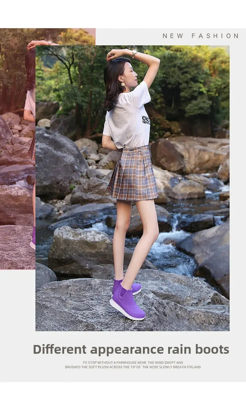 Fashionable Winter Short Ankle Women's Rain Boots Waterproof Slip Resistant Car Wash Shoes Adult Fleece Lined PVC Ladies Footwea