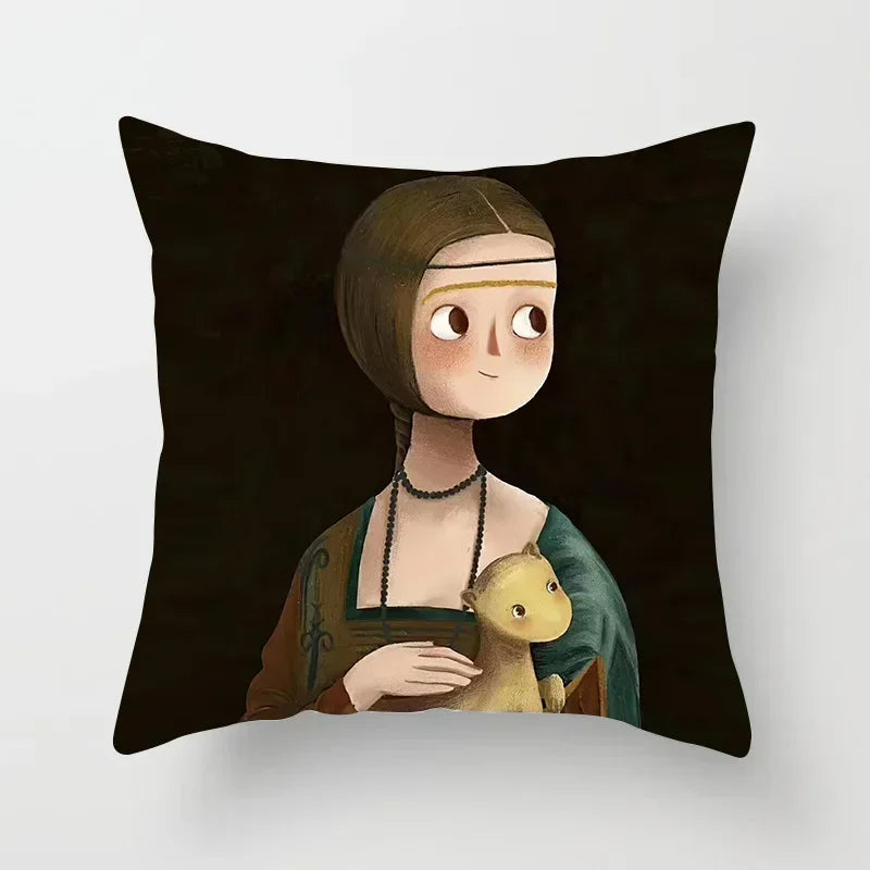 Creative Cartoon Oil Painting Mona Lisa Van Gogh Cushion Cover Portrait Painting Throw Pillow Case Cojines Decorativos Para Sofa