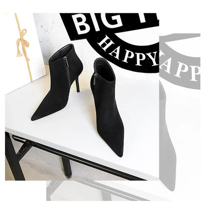 BIGTREE Shoes Suede Ankle Boots For Women Heels Winter Boots Pointed Stilettos High-heeled Boots Side Zipper Black Short Boots