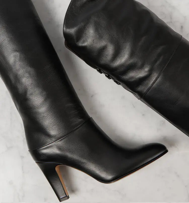 Autumn and Winter Women's Thick High-heeled Knee High Boots, Round Headed Cowhide Suede Fashionable Women's Plus Size Boots