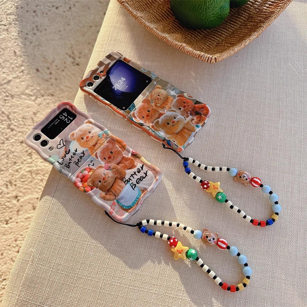 Cartoon Cute Bear Wave Border Phone Case for Samsung Galaxy Z Flip 5 4 3 Zflip5 Flip3 ZFlip4 Star Bracelet Shockproof Lens Cover