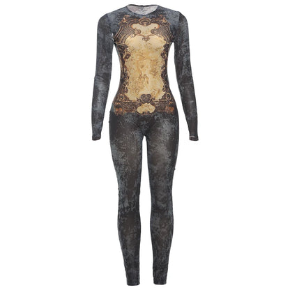Weird Puss Tie-Dye Print Jumpsuit Women Fitness Stretch Tight Sexy o-Neck Full Sleeve Skinny Streetwear Autumn Zip Slim Overalls