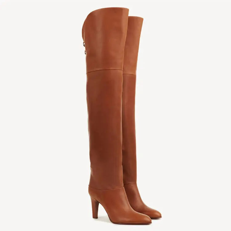 Autumn and Winter Women's Thick High-heeled Knee High Boots, Round Headed Cowhide Suede Fashionable Women's Plus Size Boots