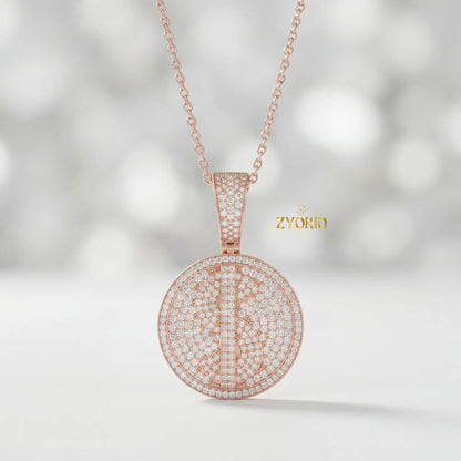 Women's Silver Minimalist Luxury Diamond Medallion Pendant Sparkling Gold Plated Modern Elegant Engagement Anniversary Wedding