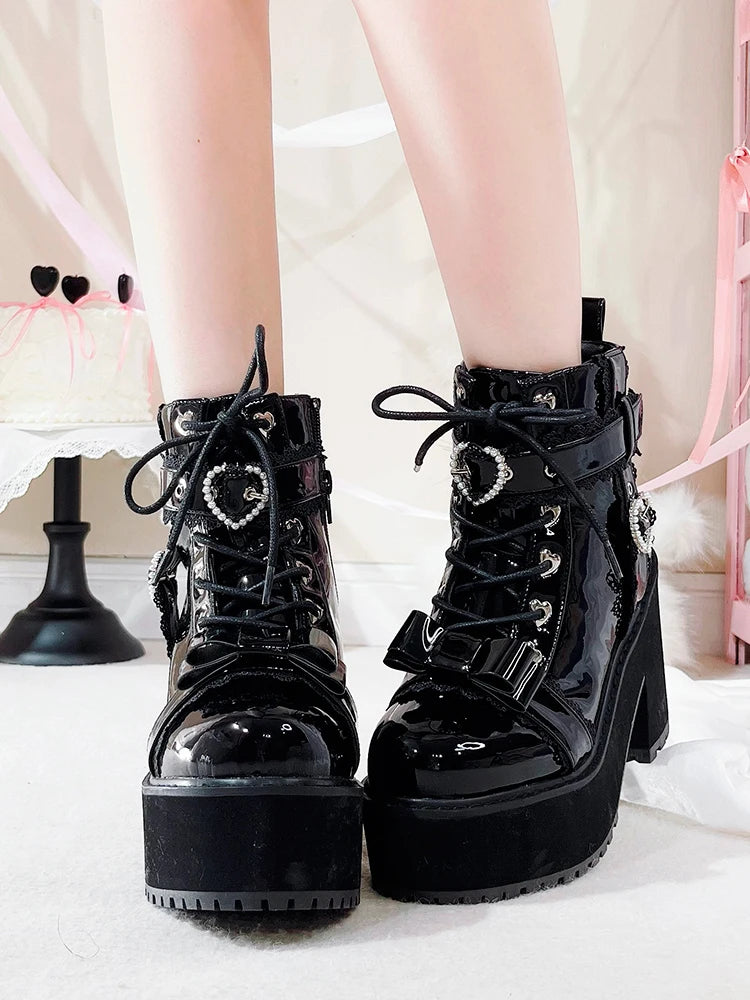 Japanese Mine Lolita Short Boots for Women Mass Production Love Rhinestone Buckle Bow Round Head Platform Boots Sweet Shoes