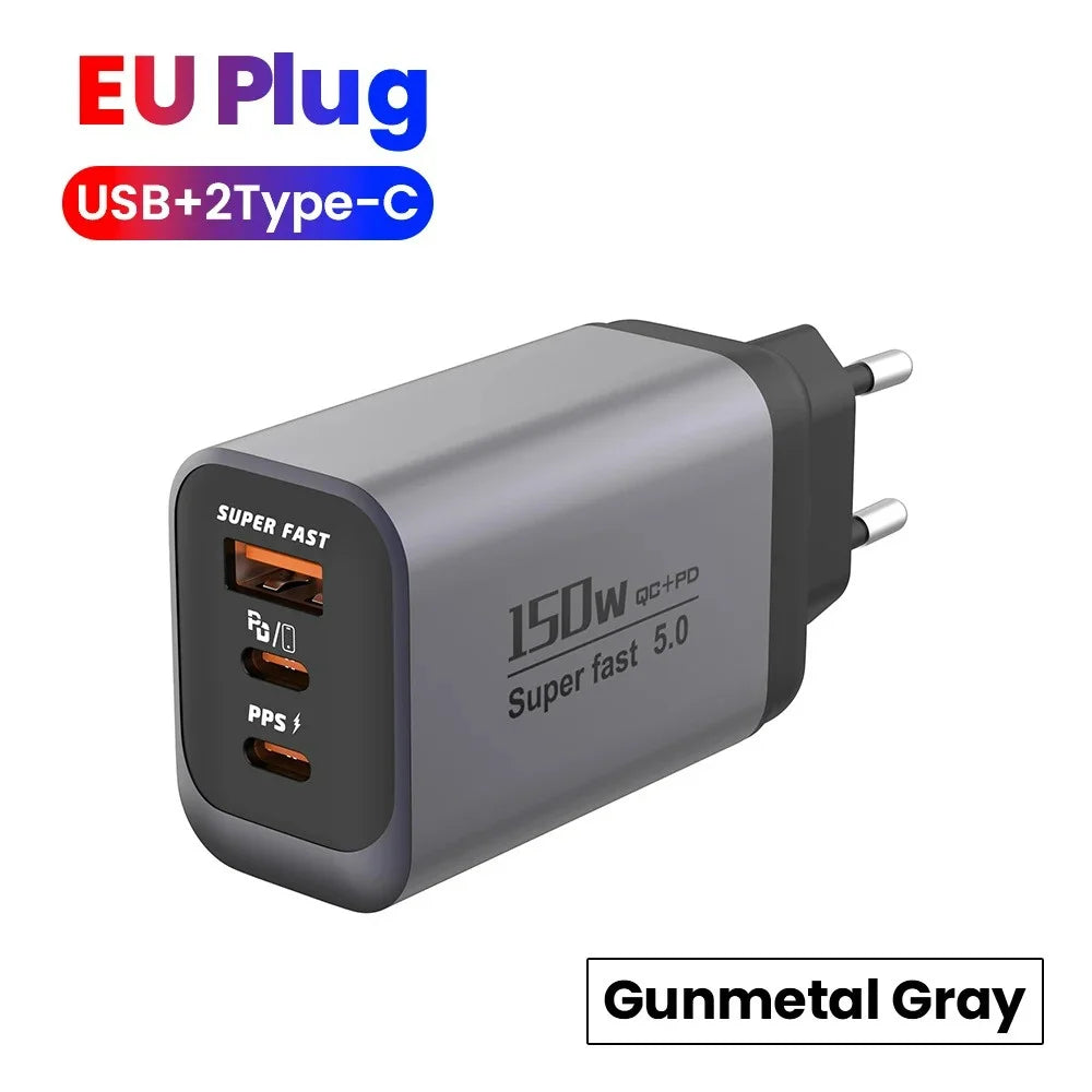 150W Fast Charger 3 Ports USB C PD3.0 QC3.0 Super Fast Wall Adapter for iPhone 17 16 Pro Samsung S24 Xiaomi 15 Huawei EU UK US
