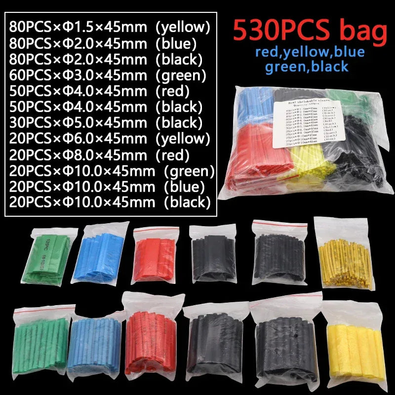 530pcs Polyolefin Shrinking Assorted Heat Shrink Tube Wire Cable Insulated Sleeving Tubing Set 2:1 Waterproof Pipe Sleeve Kit