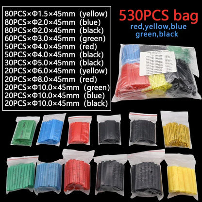 530pcs Polyolefin Shrinking Assorted Heat Shrink Tube Wire Cable Insulated Sleeving Tubing Set 2:1 Waterproof Pipe Sleeve Kit