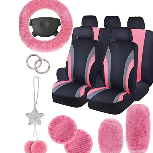 17Pcs Striped Design Universal Car Seat Cover Set Including Front Seat Cover Handbrake Shift Coverfluffy Steering Wheel Cover by PDG ibma