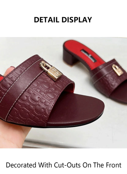 CH Brand Metal Buckle Embossed Sandals With Block Heels Open Toe Design Comfortable And Stylish Outdoor Slippers