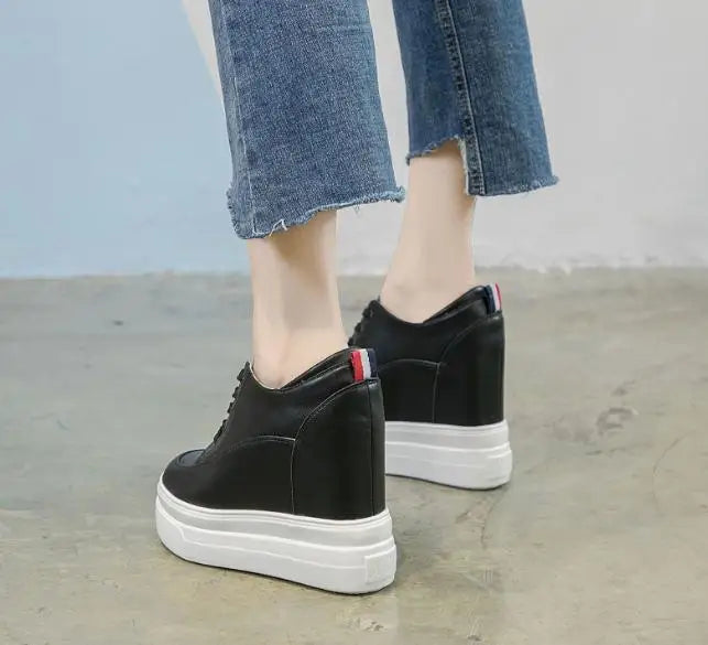 Genuine leather 10cm Increase Flat Platform Shoes Female Thick Sole Students Casual Shoes Woman  Lace Up Solid   Women Shoes