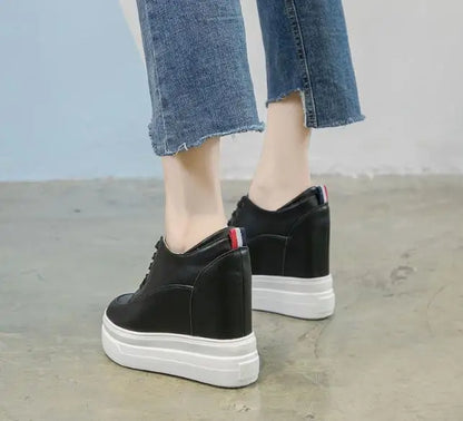 Genuine leather 10cm Increase Flat Platform Shoes Female Thick Sole Students Casual Shoes Woman  Lace Up Solid   Women Shoes
